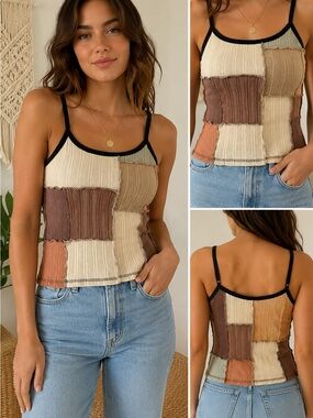 Yak & Yeti Patchwork Ribbed Tank Top | Boho Earth Tone Cami